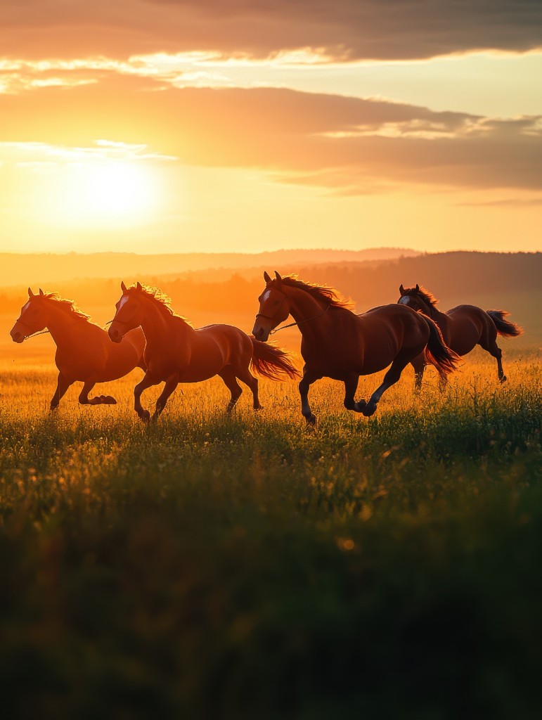 Cavalos correndo ao pôr do sol